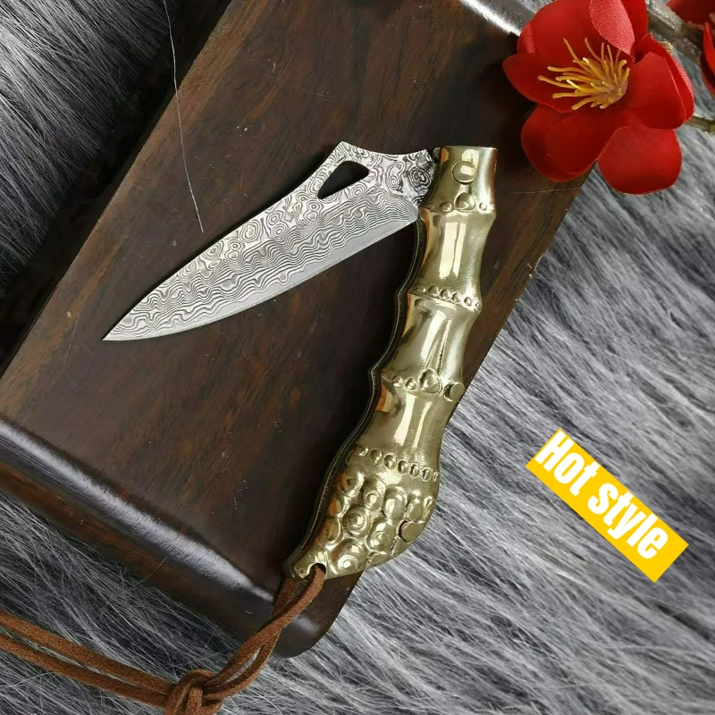 

New Damascus Steel Folding Knife brass Handle edc multitool knives utility Daily at home outdoor bushcraft tactical knife