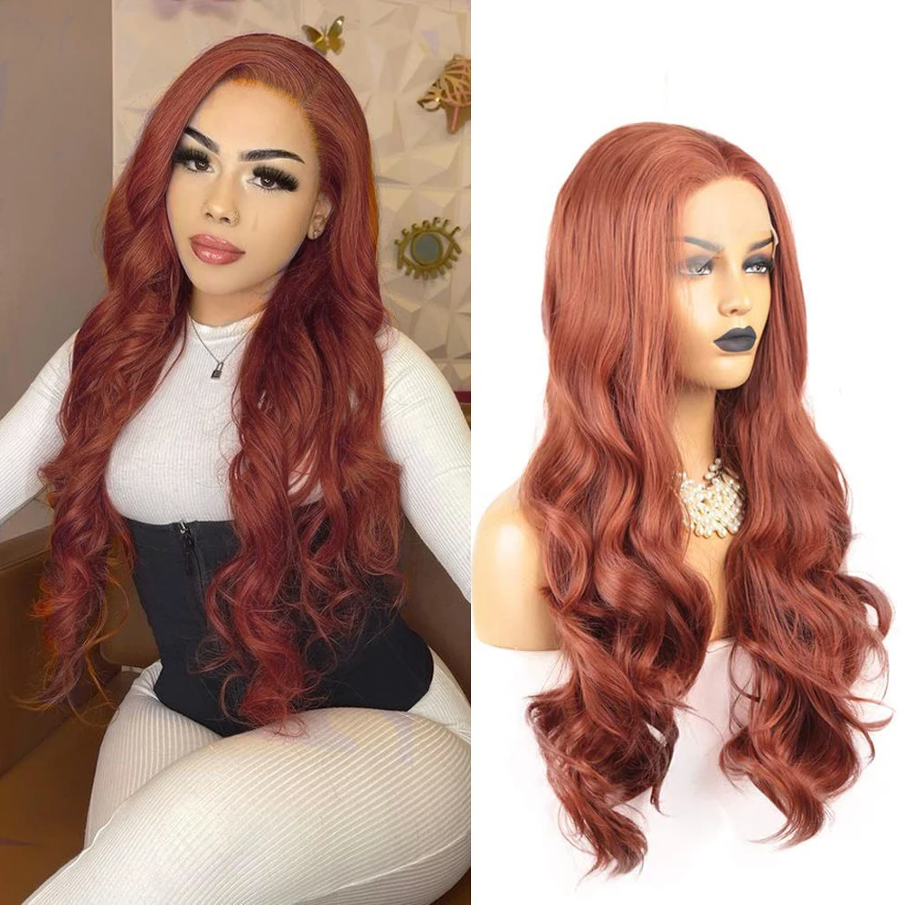 RONGDUOYI Auburn Body Wave Peruka Syntetyczne Peruki Dla Kobiet Koronkowe Przednie Długie Włosy Włókno Odporne Na Ciepło Naturalne Fale Codzienne Użycie Cosplay