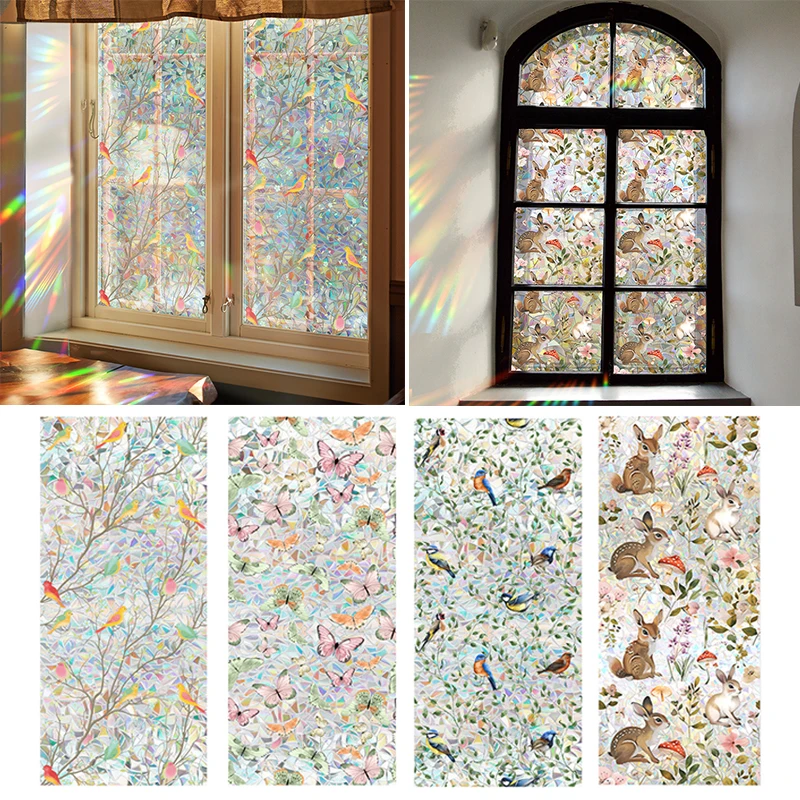 Window Privacy Film Decorative Glass Stickers Butterfly Bird Rabbit Rainbow Film For Glass Window Stickers Home Spring Decor