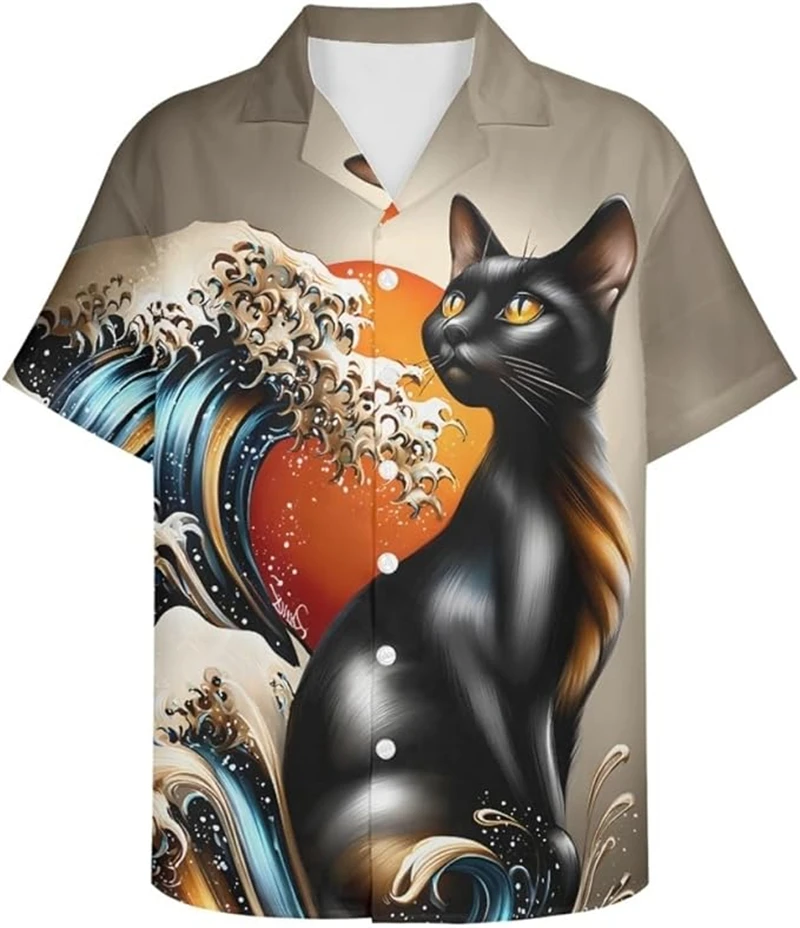 

Retro Short Sleeve 3d Print Ukiyoe Kitten Shirt Summer Casual Fun Hawaiian Funny Animal Print Lapel Short Sleeve Shirt Y2k Tops