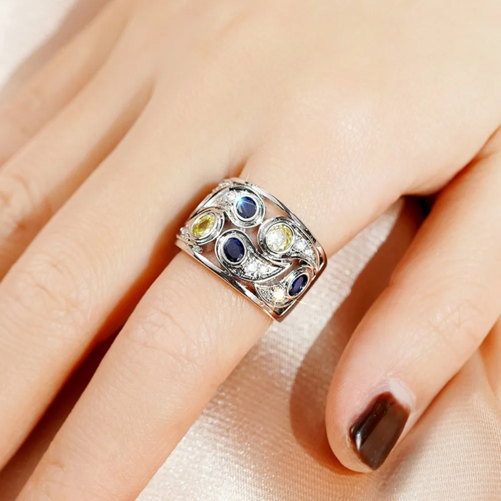 Retro Engraved Vine Hollowed-out Floral Simulated Sapphire 5A Zircon Wide Band Rings for Women Men Finger Jewelry Does Not Fade