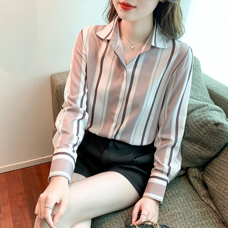 Vintage Women Shirt Stripe Basic Womens Tops Long Sleeve Blouse Korean Fashion Women Clothing Korean Popular Clothes OL Shirts