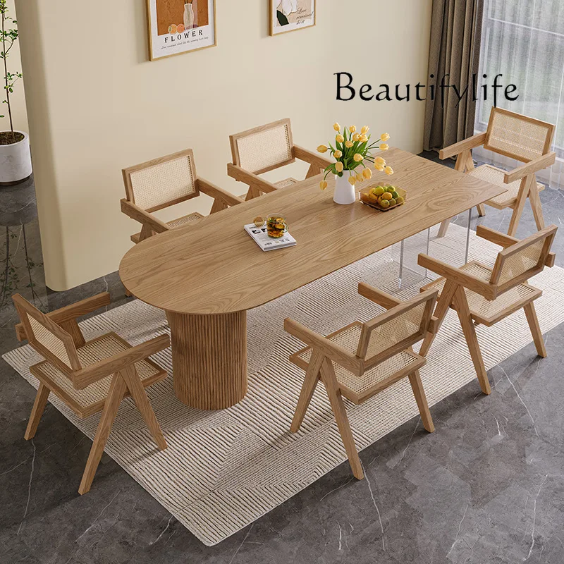 Nordic oval solid wood island family log hotel dining table chair combination small apartment