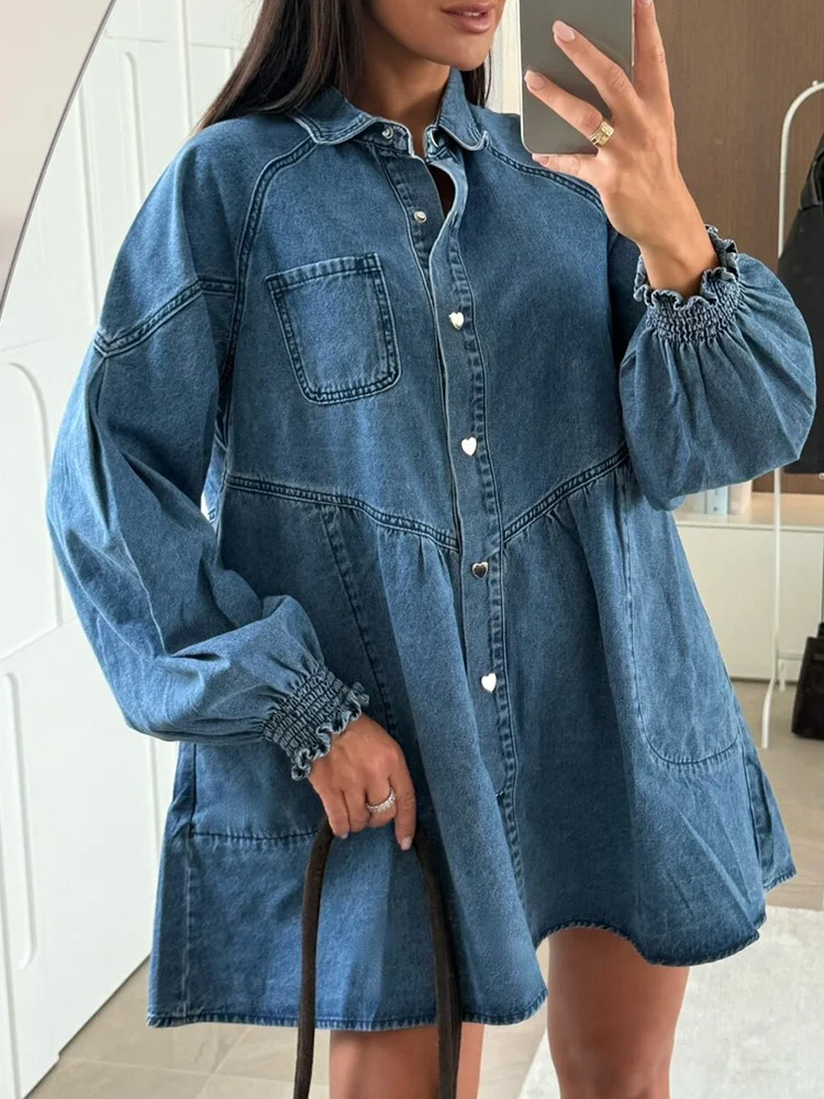 Vintage Solid Color Denim Short Dress New Long Sleeve Lapel Single Breasted Shirts Dress Autumn Women Casual Commute Mini Dress