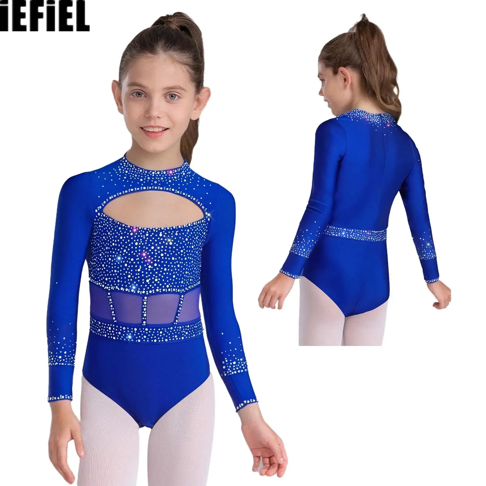 

Kids Girls Gymnastics Leotard Crew Neck Long Sleeve Back Invisible Zipper Shiny Rhinestones Cutout Front Dance Bodysuit