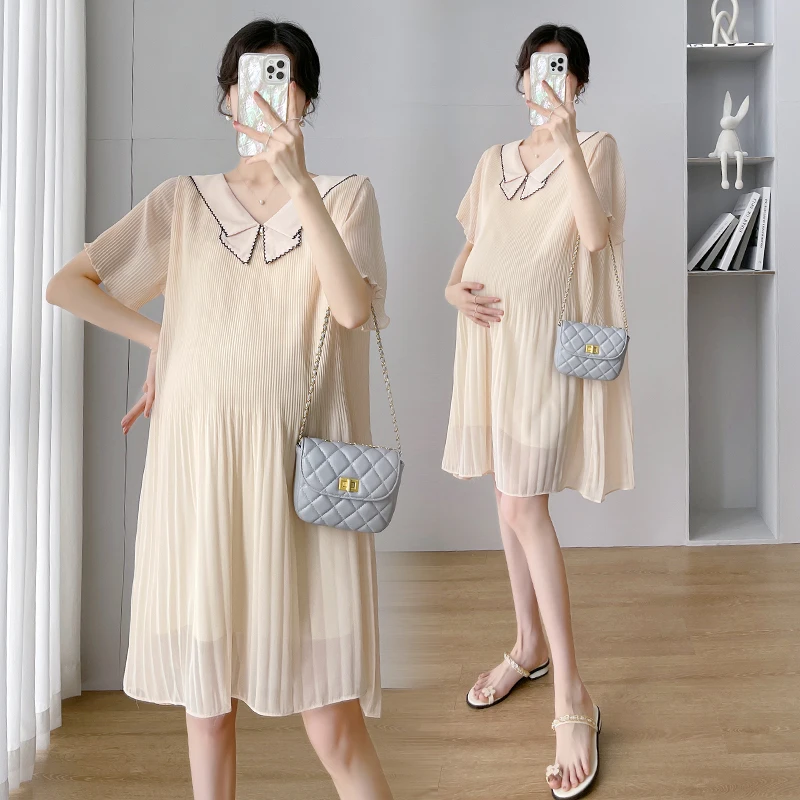 Summer Fashion Pleated Chiffon Maternity Dress Sweet Loose Straight Clothes for Pregnant Women OL Work Formal Pregnancy