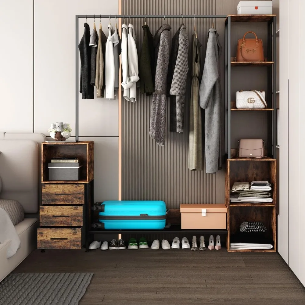 Heavy metal hanger, independent hanger with 3 drawers, wardrobe with 7 shelves, free shipping