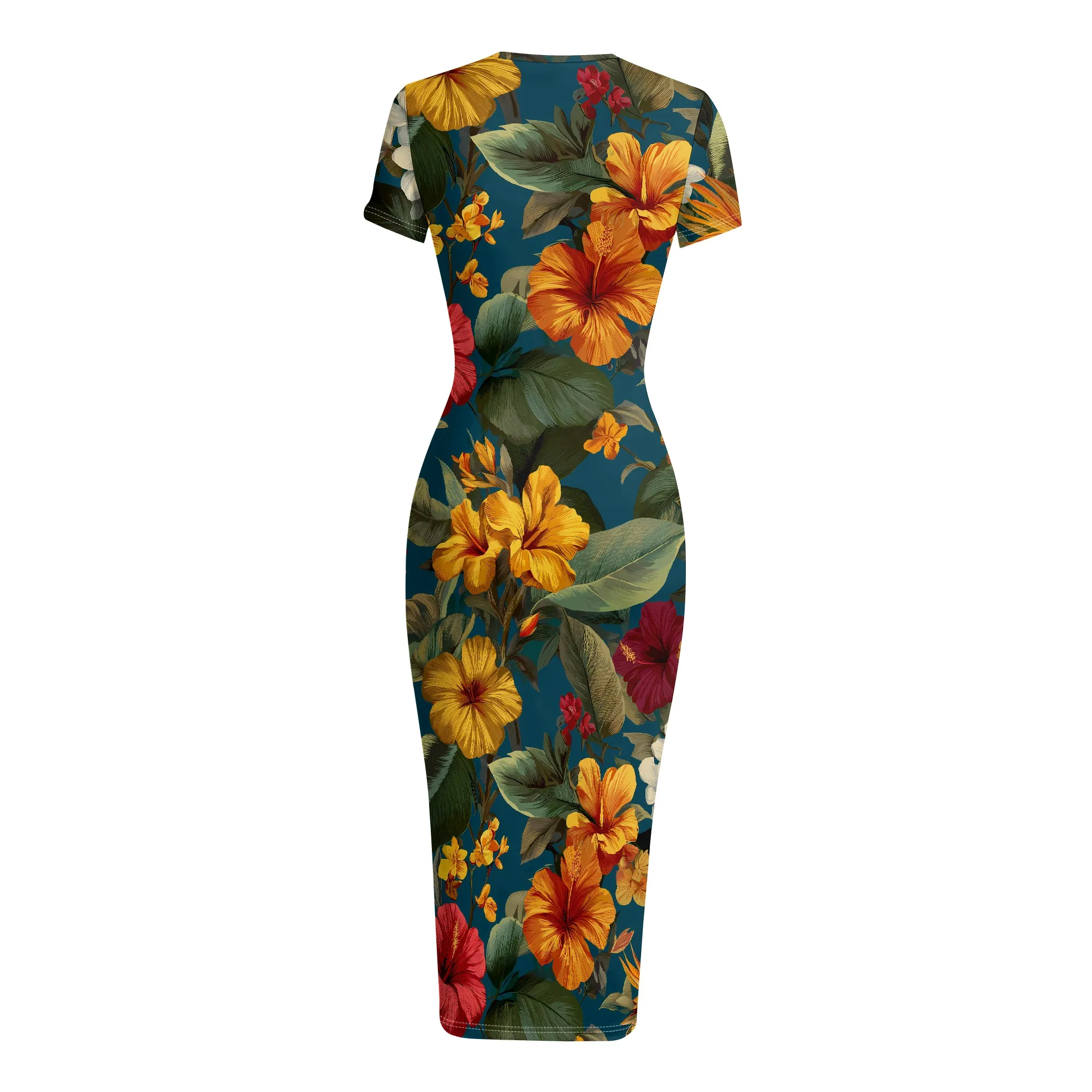 Floral Print Dress, Tropical Hibiscus Pattern, Short Sleeve Bodycon Midi Dress, Summer Vacation Beach Wear, S-2XL