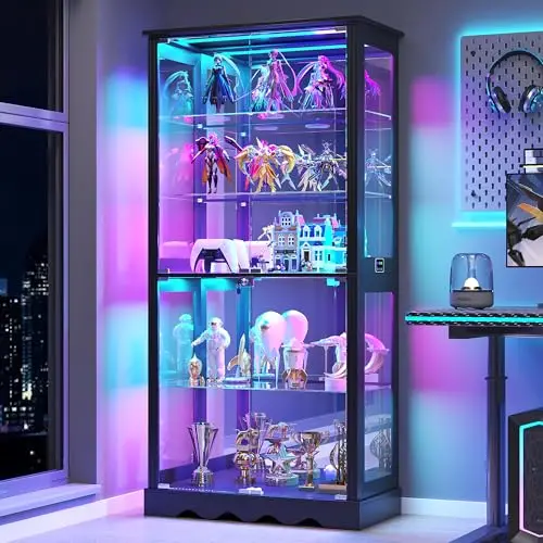 Display Cabinet with Glass Doors, RGB Lights for Collectibles | 71'' Tall with Adjustable Shelves, Human Sensor LED