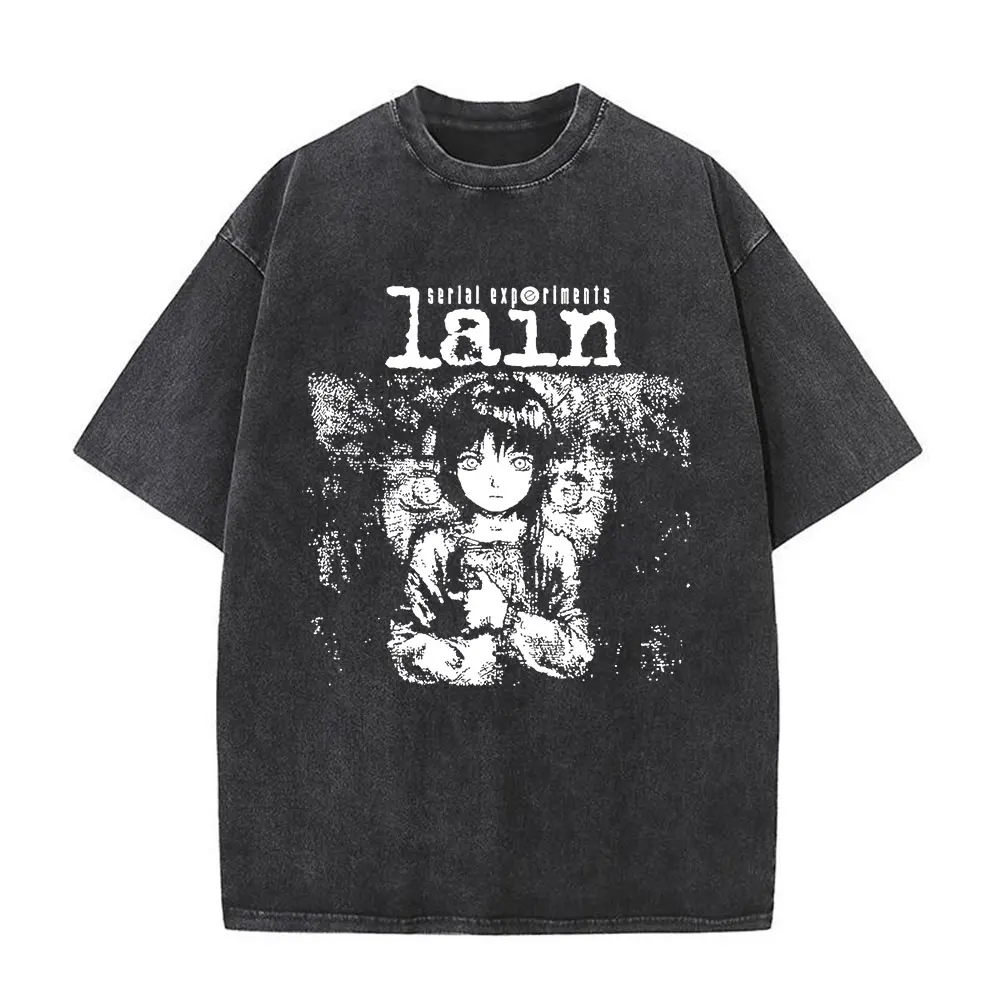 Anime Serial Experiments Lain Vintage Washed T-Shirt Iwakura Manga Girl Sci Fi Short Sleeve Tee Shirt 100% Cotton Casual T Shirt