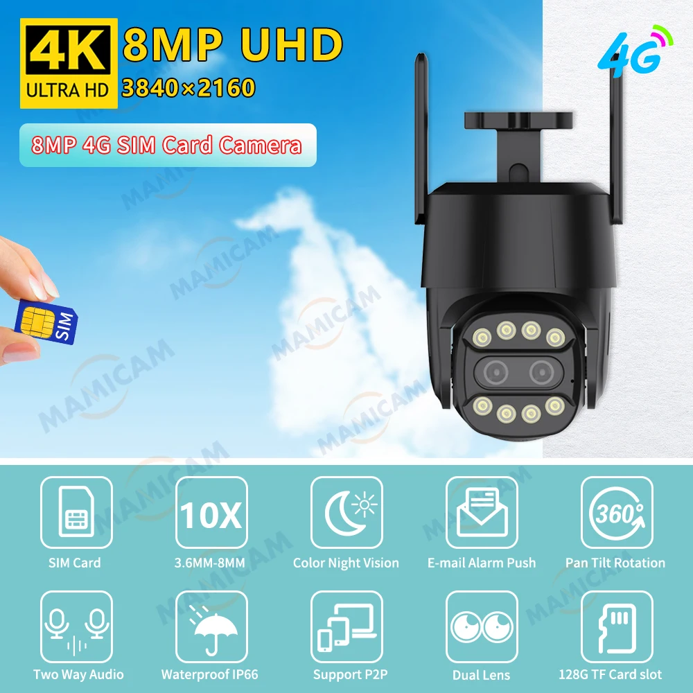 4K 8MP IP WiFi 3G 4G SIM Card Camera Security Protection Wireless Surveillance Video Record Outdoor CCTV 360º Dual Lens Ai Human