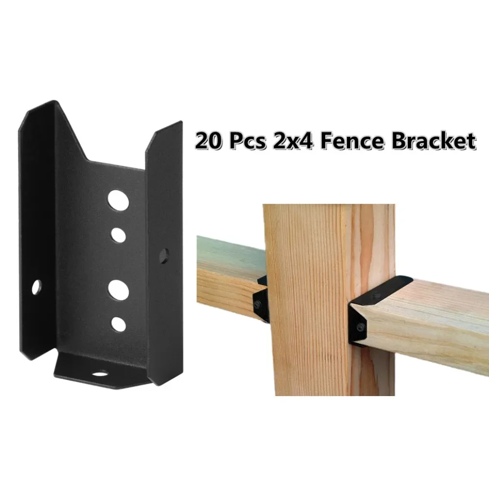 18 Gauge Black Metal Fence Rail Bracket, Heavy Duty Support for 2x4 Wood Post, Outdoor Hardware Fitting Without Screws