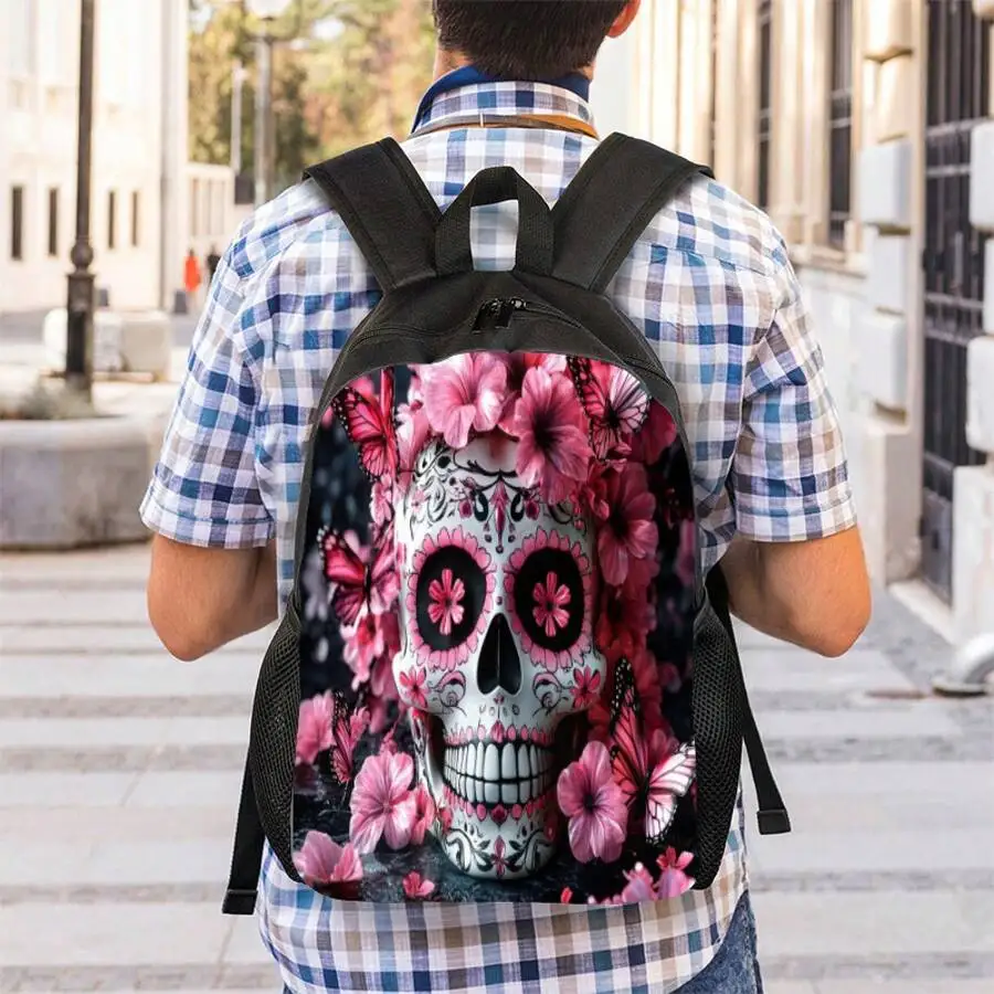 Skull And Floral Print Backpack For Adults - Lightweight With Adjustable Straps, Suitable For Daily Use Travel