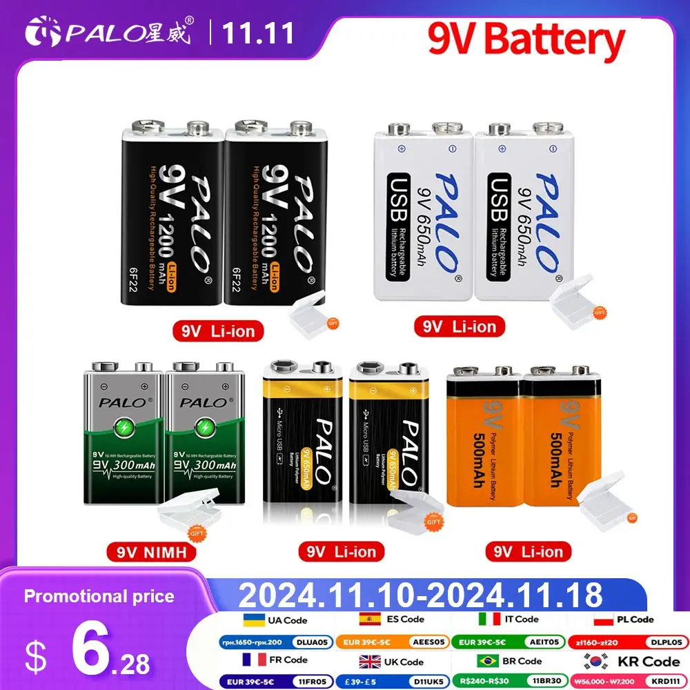 9V Rechargeable Battery Lithium Li-ion 9 Volt 6F22 Ni-MH Ni MH 9V Crown Battery for Multimeter KTV Microphone Metal Detector