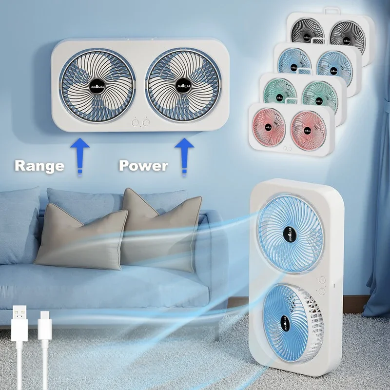 Dual Head Wall Mountable Desk Fan USB Rechargeable 3 Speed Quiet Portable with Large Battery for Living Room Office Dorm