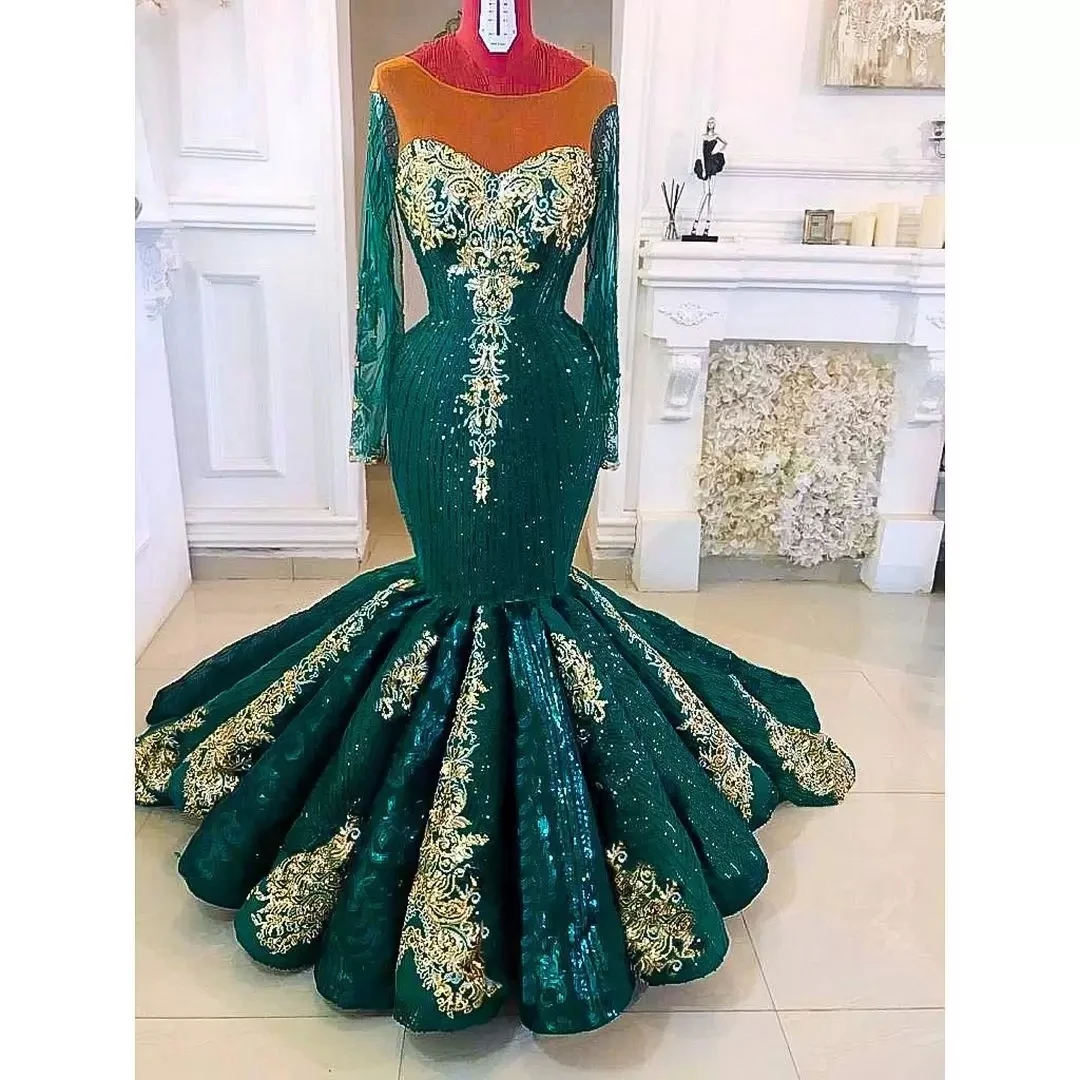 Arabisch Hunter Green Mermaid Avondjurken Sheer Hals Lace Lange Mouwen Aso Ebi Prom Jurk Ruches Sweep Trein Partij Jassen