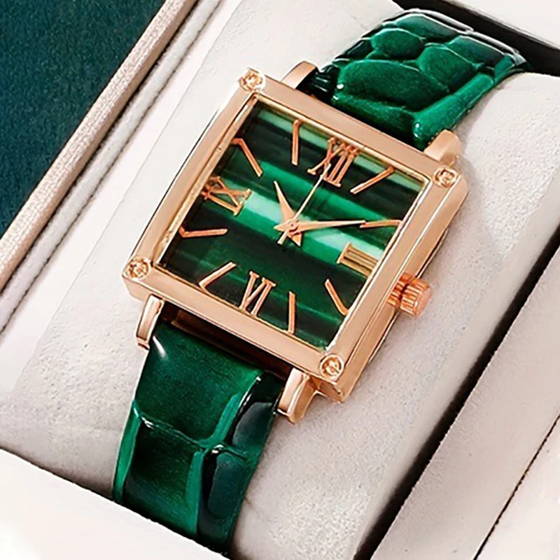 Conjunto de reloj verde para mujer, tendencia de moda, reloj de cuarzo con esfera rectangular simple, regalo perfecto