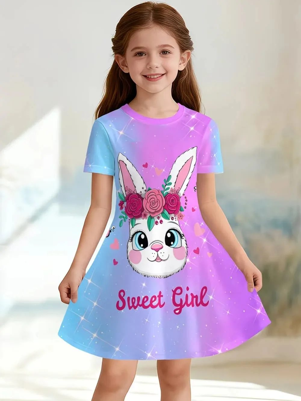 Girl Clothes Elegant Floral Print Summer Dresses Short Sleeve Dress Round Neck Tops Casual Clothes Street Fashion Short Dresses