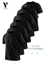 Round Neck T-Shirt 6-Piece Black Ultra-Light Men's Quick-Drying Breathable Sweat-Absorbent Shirt Suitable for Fitness Gym and Ru