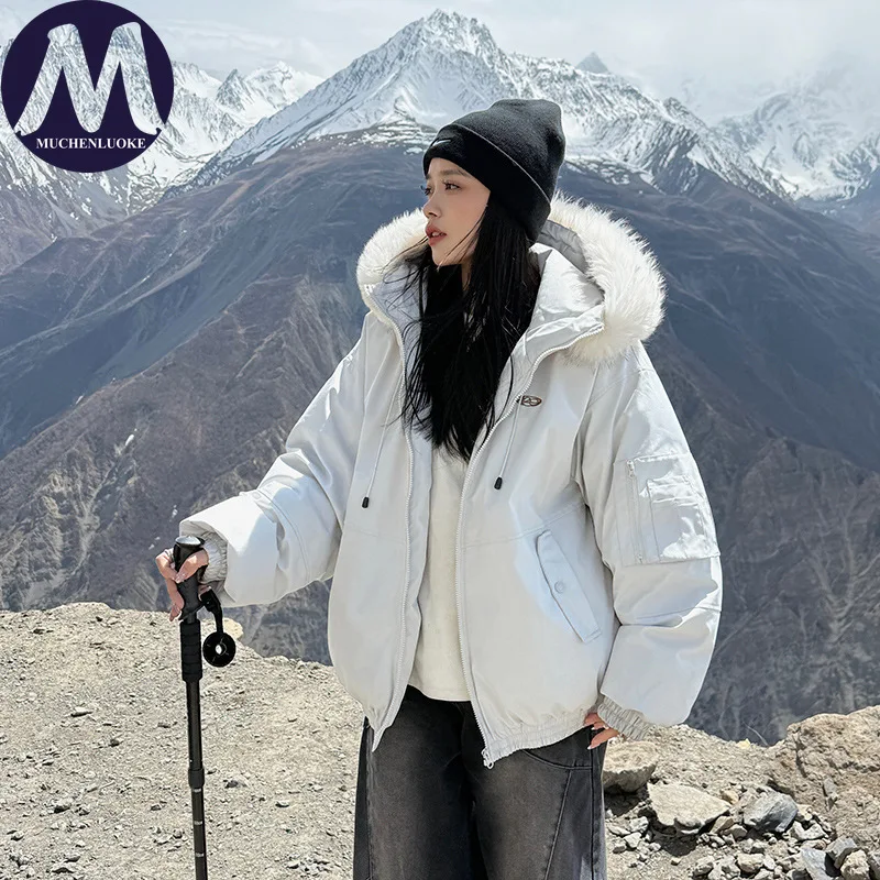 

Элегантная зимняя куртка для женщин 2025 с капюшоном и меховым воротником, толстое повседневное пальто, корейская мода, свободные теплые короткие парки