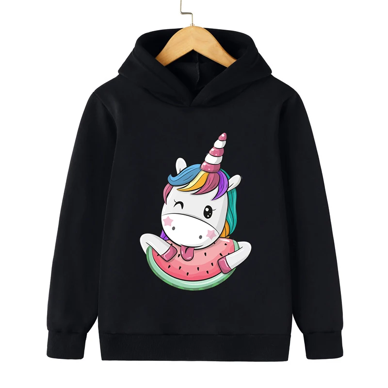 2024 Baby Boys Girls Hoodies Funny Unicorns Eat Watermelons Print Hoody Autumn Fashion Long Sleeve Cute Unicorn Kids Sweatshirts