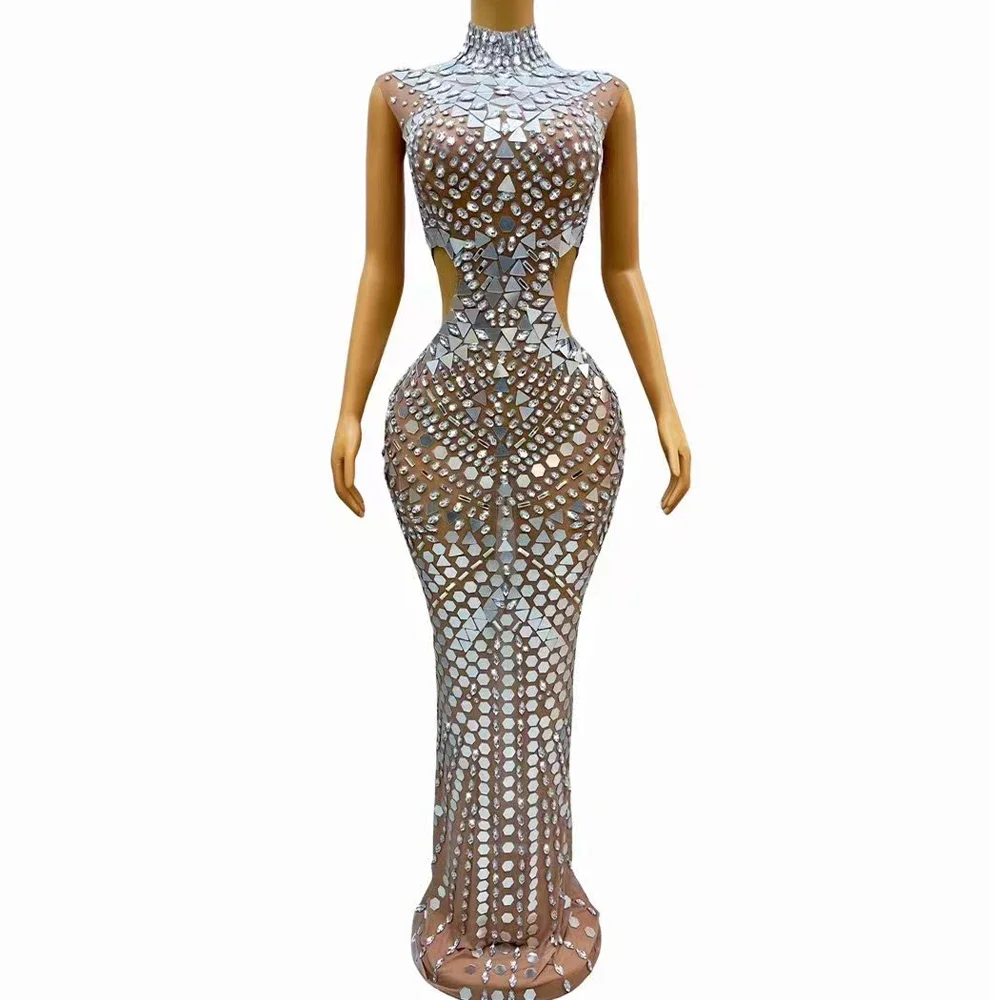 Transparent Outfit Dance Stage Show Nightclub Costume Photoshoot Dress Sexy Stage Silver Mirrors Rhinestones Hollow Waist Dress