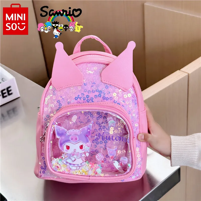 Miniso Kuromi tas punggung anak perempuan, tas buku penyimpan multifungsi kartun payet modis kualitas tinggi