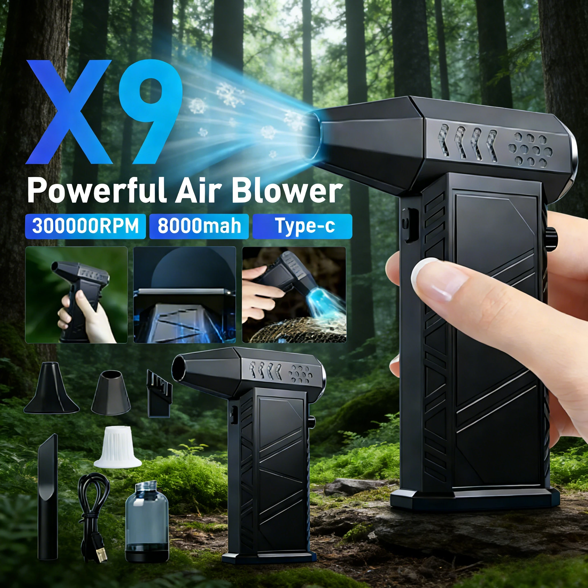 

X9 2-in-1 Blower Vacuum | 300000RPM Brushless Turbo Jet Fan Type-C Charging