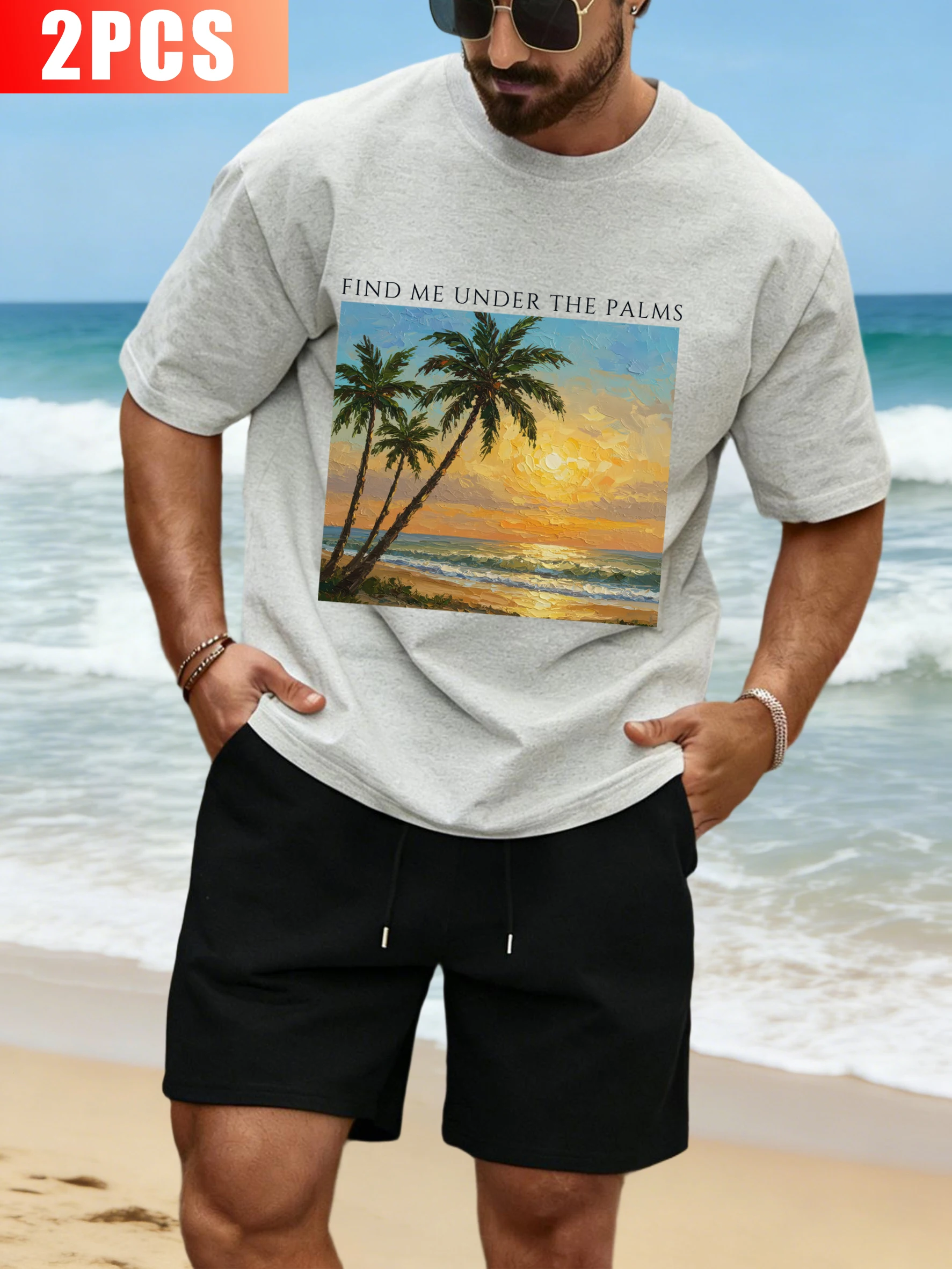 

Find Me Under The Palms Print Men T-Shirts Set Hip Hop Drawstring Shorts Fashion O-Neck Cotton Tee Unisex Loose Streetwear