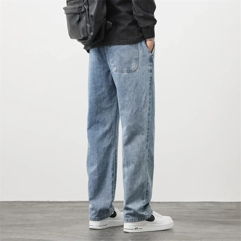 Spring and Autumn Unisex Jeans Loose Straight Leg Fall Simple Casual Elastic Waist Trousers Woman Denim Cargo Pants Men