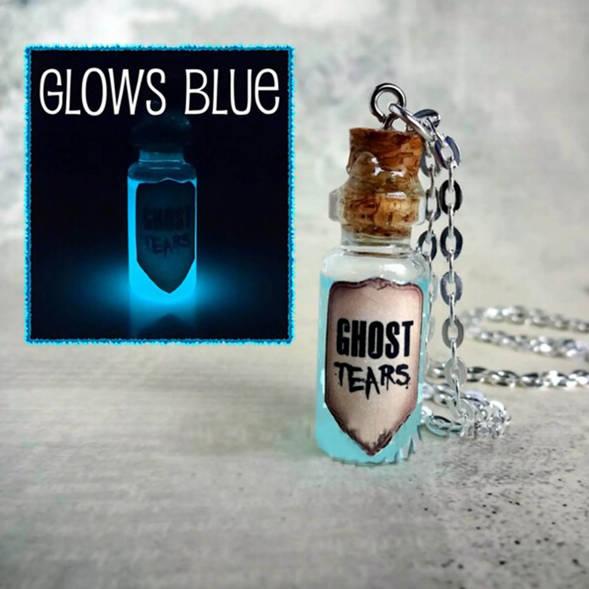 Ghost Tears Glow in the Dark Glass Bottle Necklace Haunted Glowing Necklace Potion Vial Charm Liquid Shimmer Magic Spells Occult