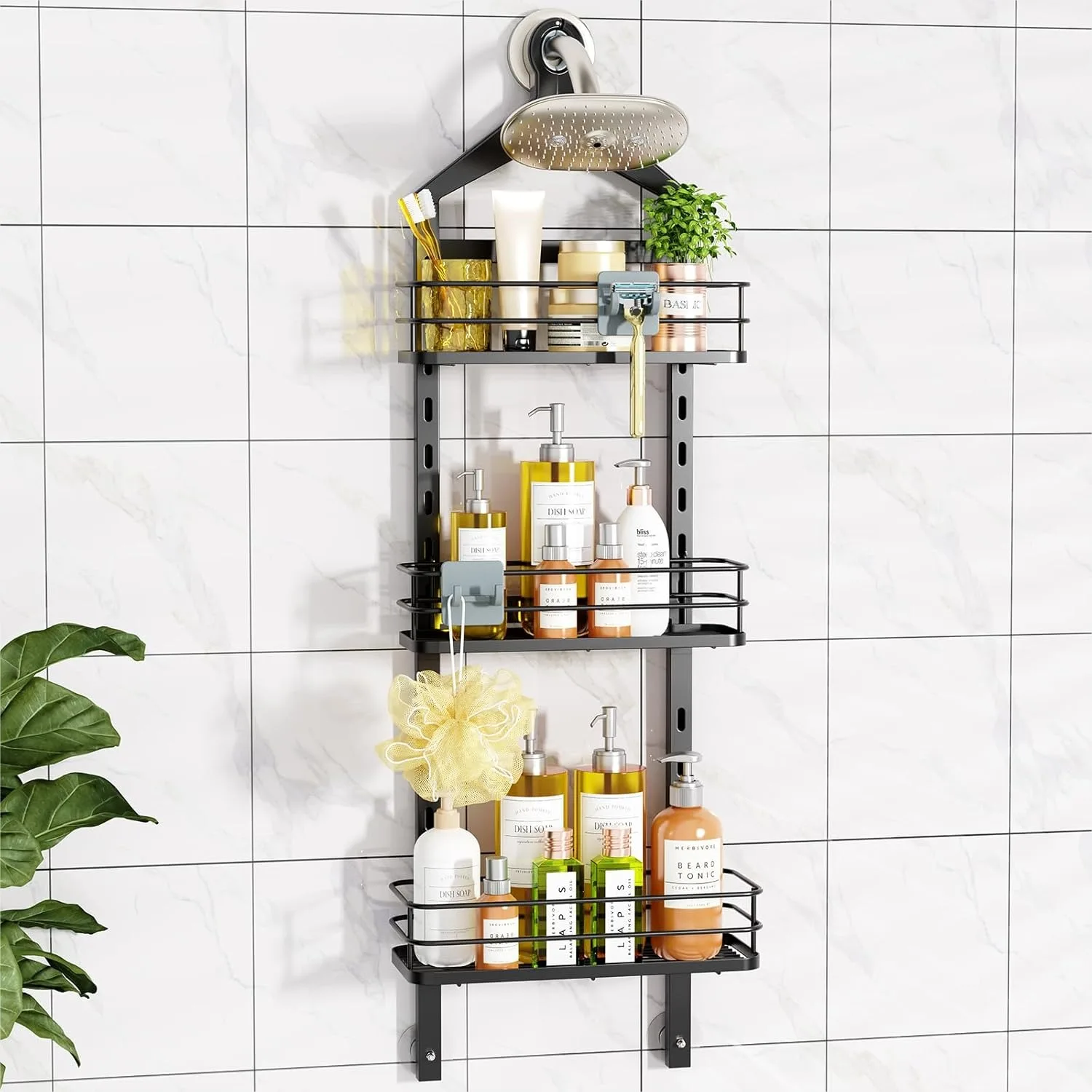 

3 Tier Height-Adjustable Shower Caddy Hanging Over Shower Head with Anti-Swing Design for Bathroom Storage, Black