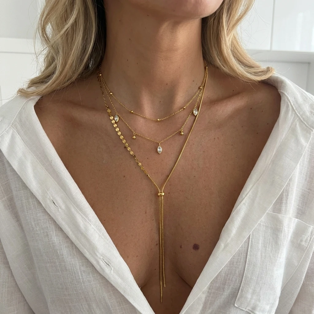 Classic Zircon Stone Pendant Necklace for Women Stainless Steel Gold Tone Snake Chain  Y Necklace Everyday Jewelry Gifts