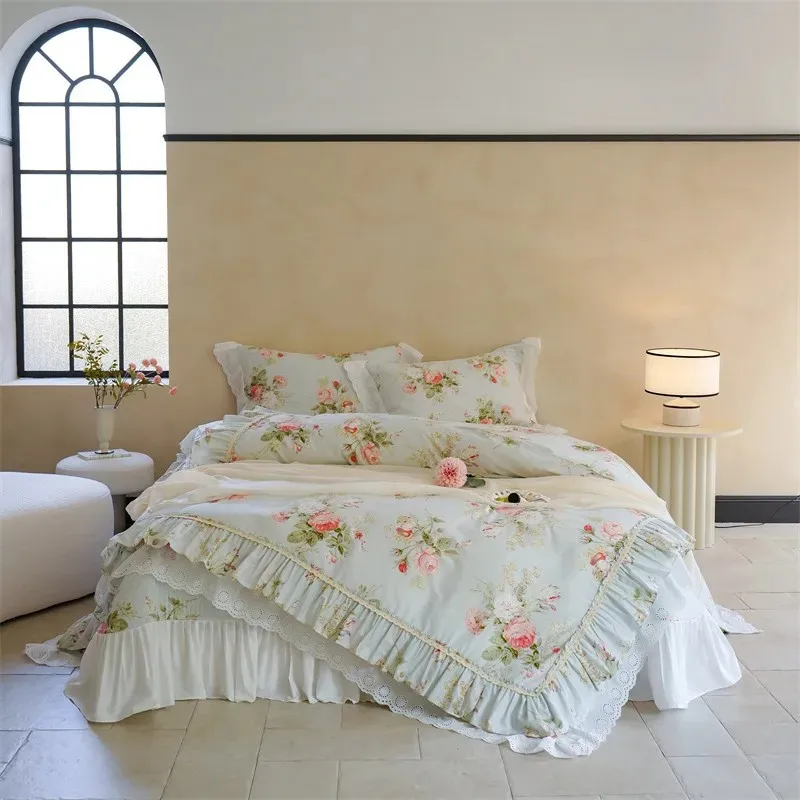 

100%Cotton Elegant Floral Ruffle Edge Comfortable Breathable Soft Double Queen Duvet cover set Quilted Bedspread Pillowcases