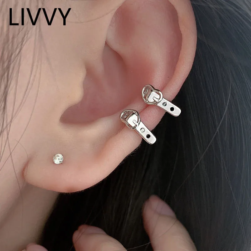 

LIVVY Silver Color Creative Ear Clip Earrings Belt Geometric Hesrt Handmade Earrings Party Accessories Jewelry Gift