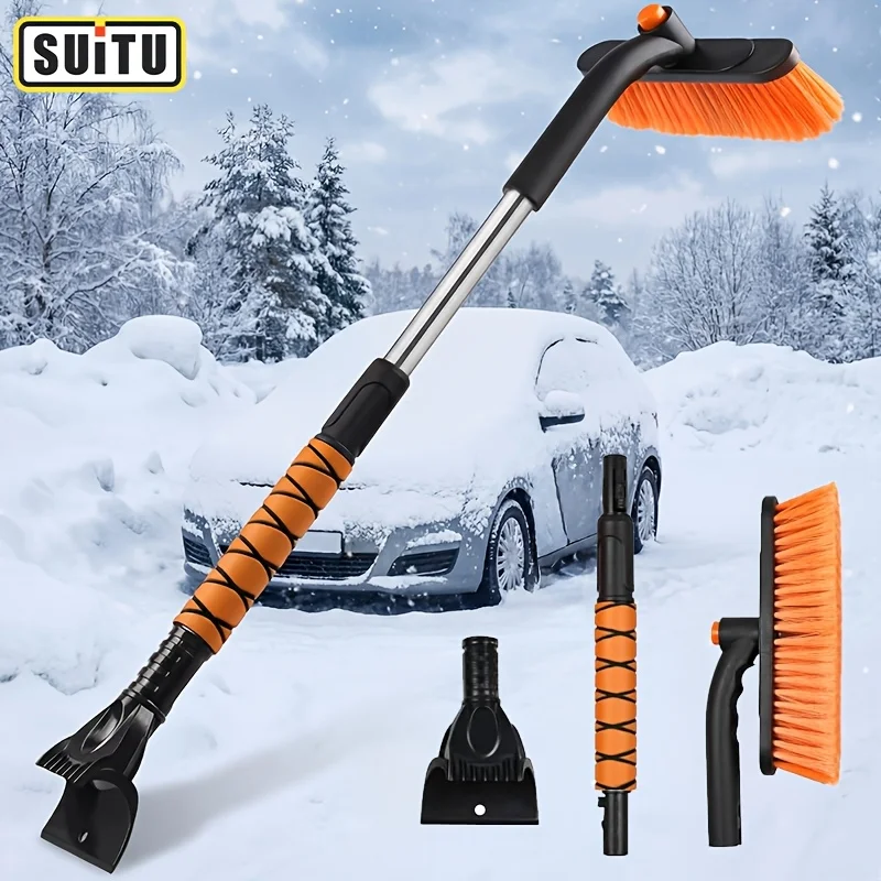 suitu 3 in 1 Portable Snow Shovel 32in Extendable Detachable Rotating Brush Head Sturdy C Scraper Thick Bristles for Outdoor Car