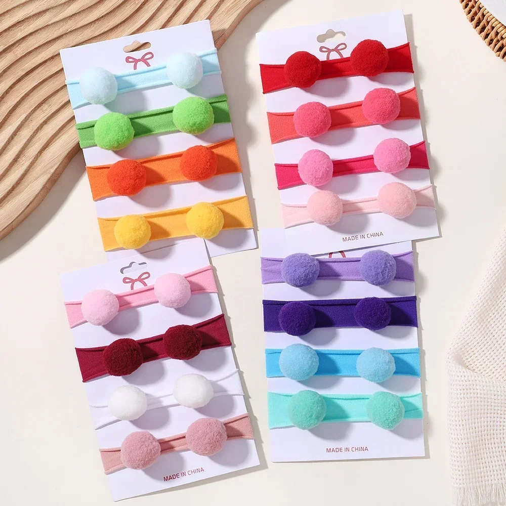 

3/4pcs Cute Velvet Ball Nylon Headband Solid Color Elastic Head Ties Children Sweet Hair Accessories Infant Headwear Soft Turban