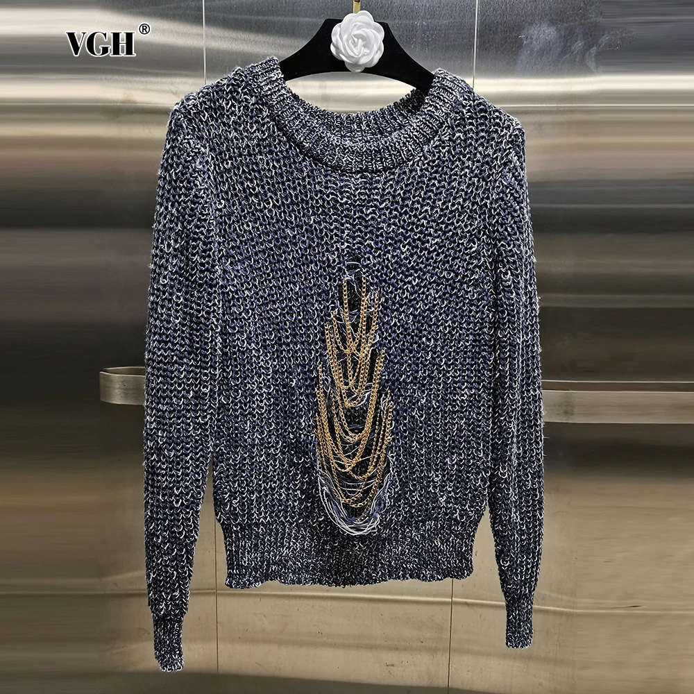 

VGH Casual Patchwork Chain Knitting Sweaters For Women Round Neck Long Sleeve Hollow Out Slimming Sweater Female Fashion Style