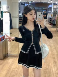 Deeptown Old Money Style Set Women Elegant Long Sleeve Button Down Knitted Cardigan Casual Pleated Skirt Korean Fashion 2024 New