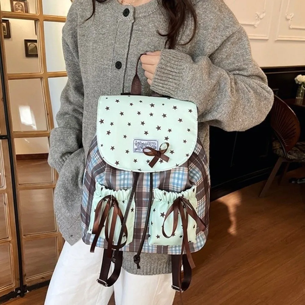 Sweet Bow Double Shoulder Bag Star Print Plaid Pattern Student Schoolbags Contrast Color Grid Pattern Mint Green Small Backpack