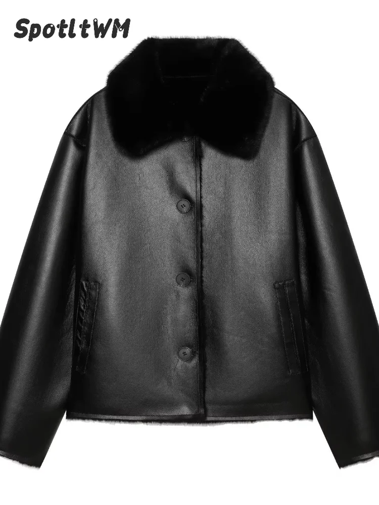Women Faux Leather Jacket Shearling Fur Collar Button Up Loose Cropped Double Sided Wear Coat Winter Warm Casual Moto Outerwear
