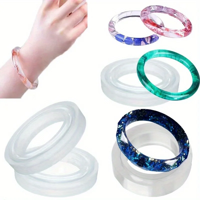 4pcs Silicone Mold Set for DIY Jewelry Making - Diamond Shaped, Round & Wide Bracelet Designs, Epoxy Resin Casting Tool Kit with Dropper, 56mm & 62mm Sizes