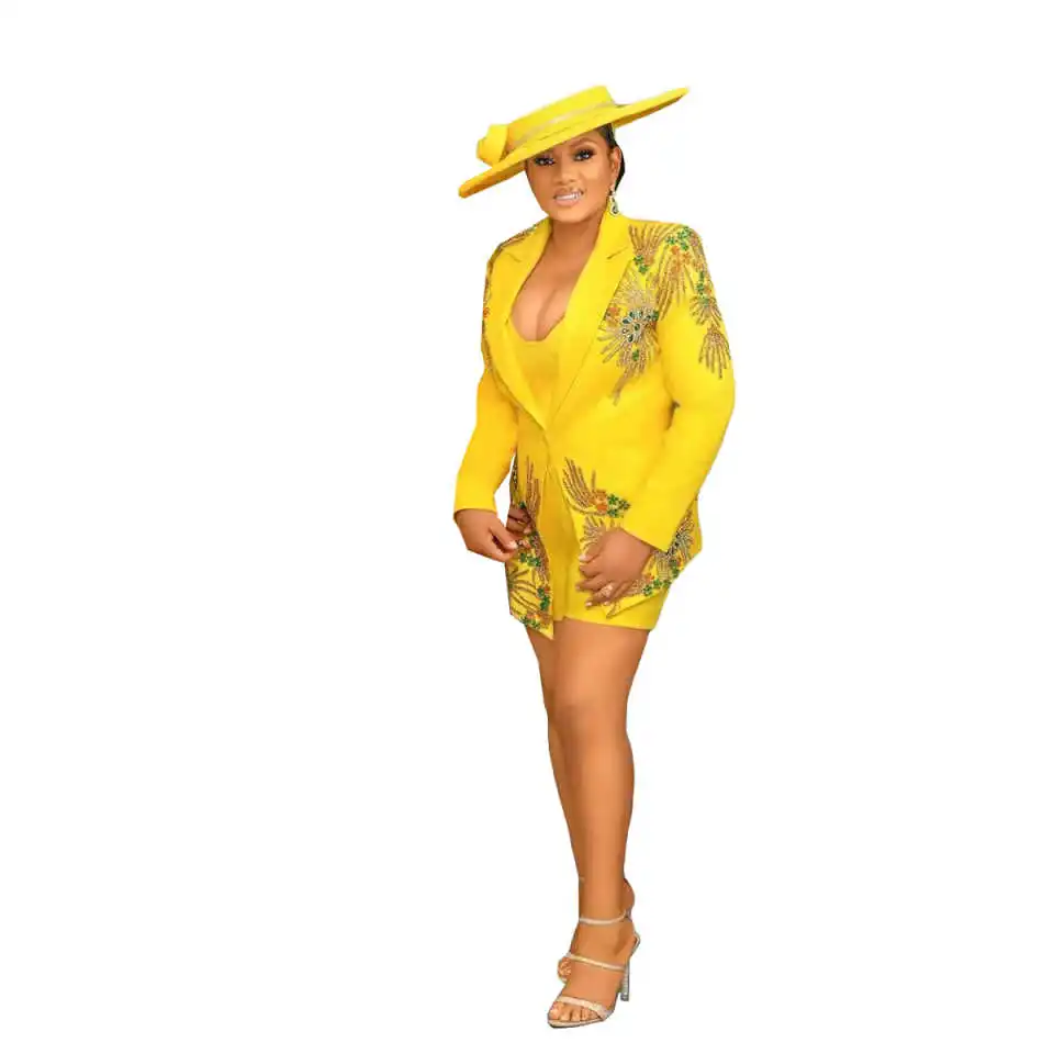 Vintage One Button Women Suits Blazer Applique arty Dress Celebrity Beaded Crystal Jacket Skirt Prom Dress Customized