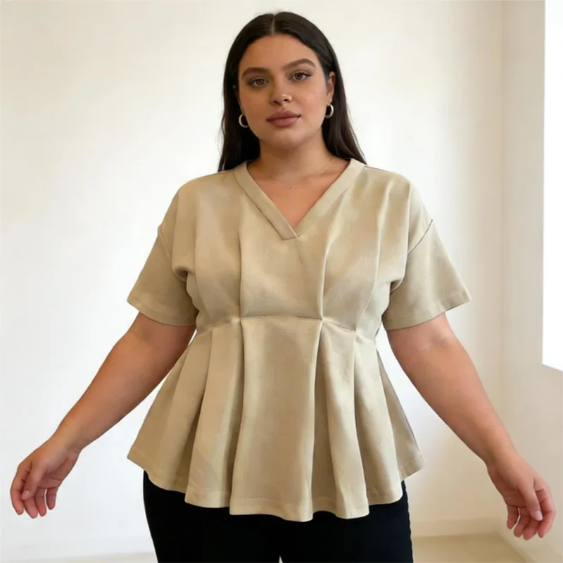 

Женская блузка с баской больших размеров, французская шикарная туника с v-образным вырезом и короткими рукавами, повседневный офисный летний топ 40-150 кг