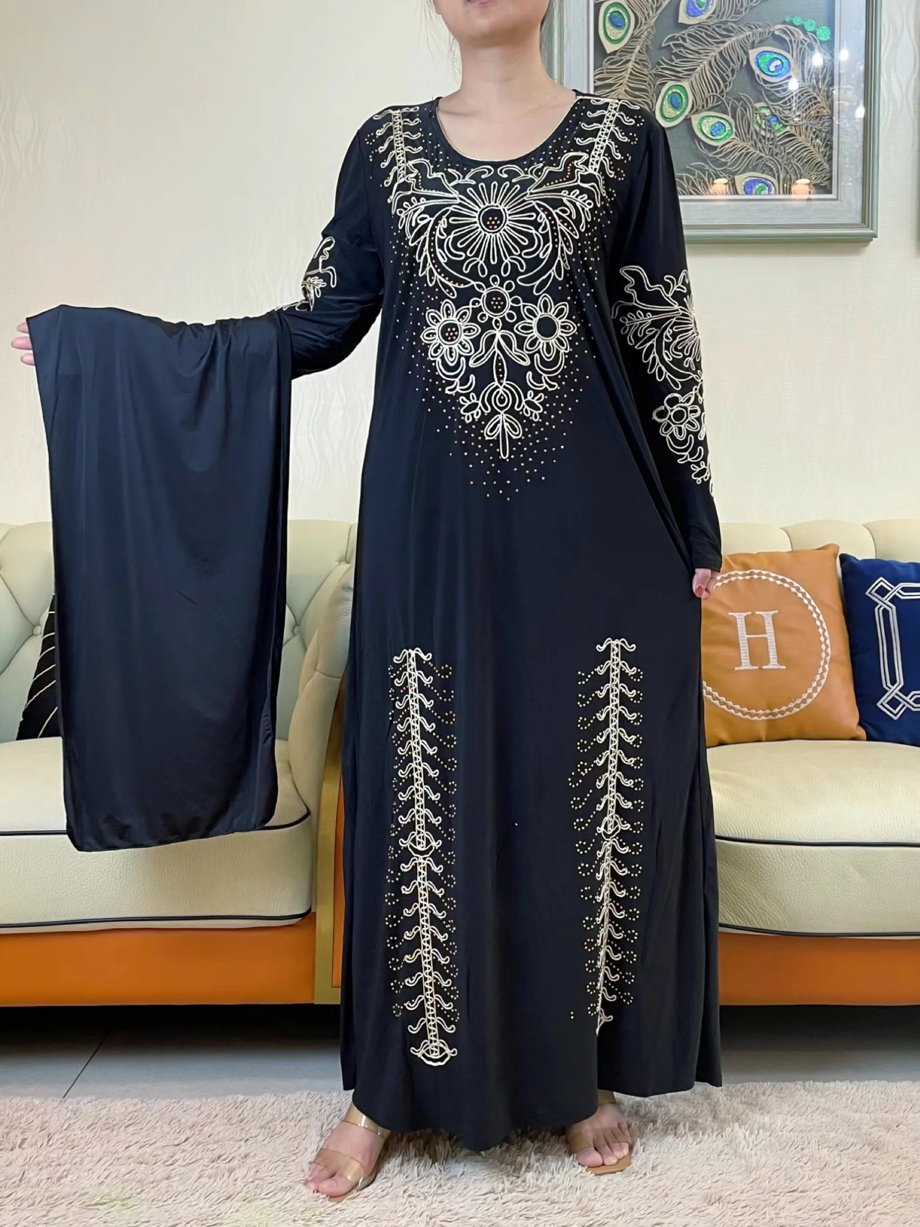 2023New Ramadan Muslim Turkey Women\'s Abaya Kaftan Embroidery Long Sleeve Ice Silk Fabric Prayer Dress Jibab Islam Cloth Caftan