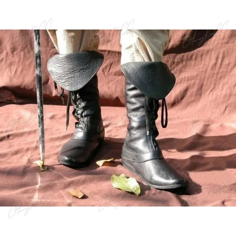 Średniowieczny Viking Cosplay mężczyźni Pu buty rycerz Pirte Retro zasznurować Archer przebranie na karnawał renesansowe gotyckie buty Steampunk fantazyjne