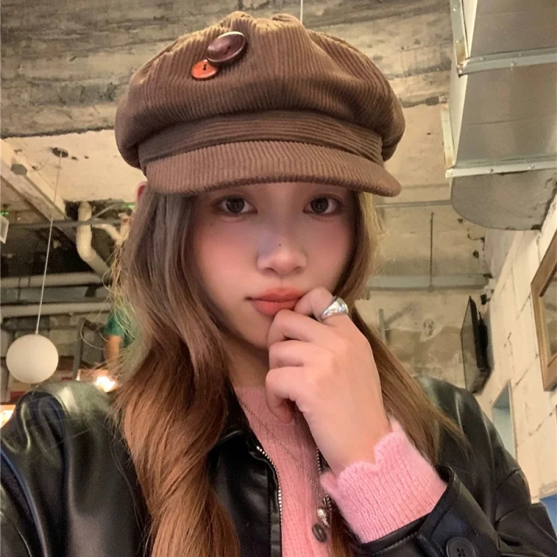 

Retro Button Corduroy Octagonal Cap For Women Winter Warm Windproof Newspaper Hat Japanese Girls Brown Berets Painter Artist Hat