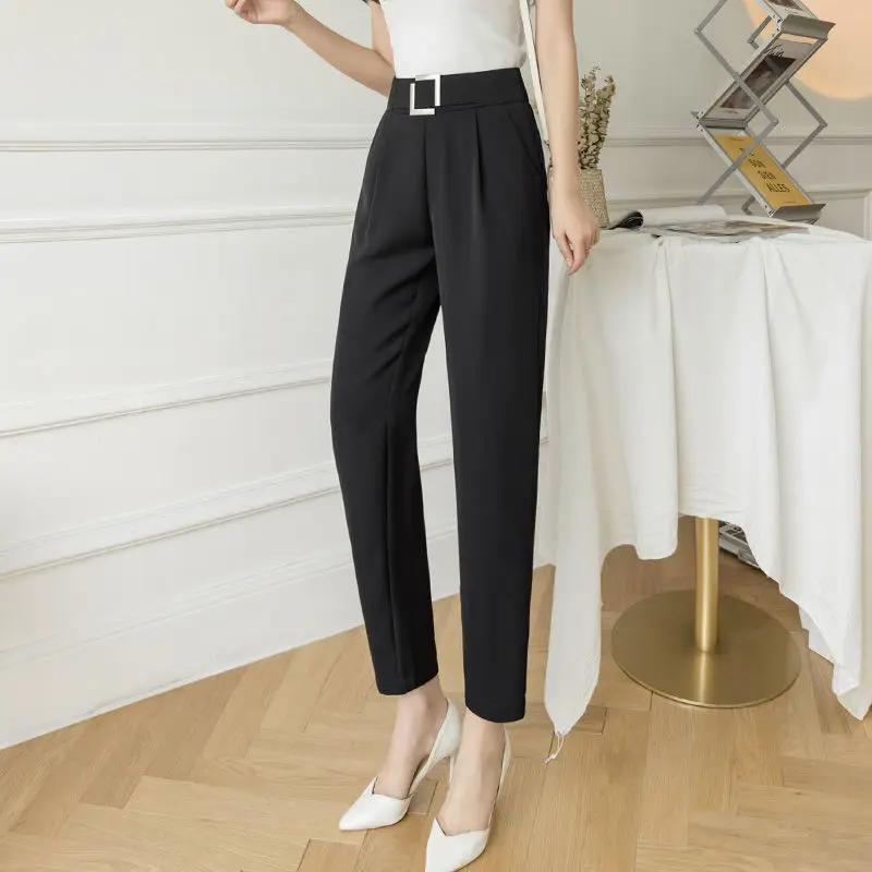 Pants For Women Korean Plain Aesthetic Fashion Cigarette Pants Black Straight Casual High Waist Trendy Loose Suit Chiffon Thin