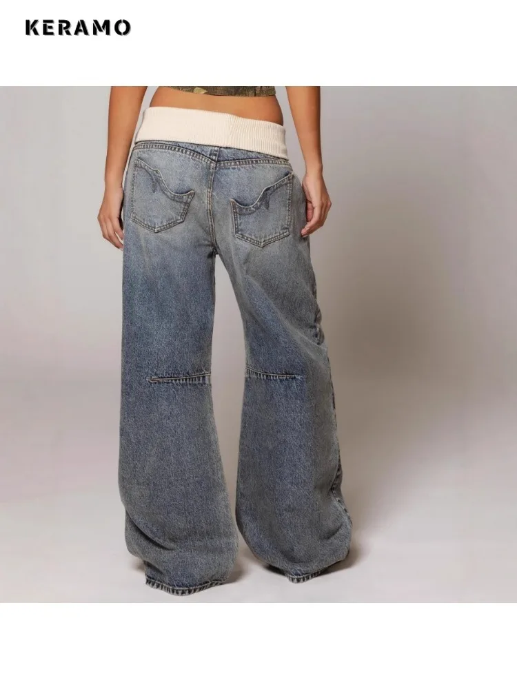 Women's Casual Elastic Waist Retro Denim Trouser Safari Style Baggy Emo Jeans 2025 Winter Blue Y2K 2000s Full Length Pants
