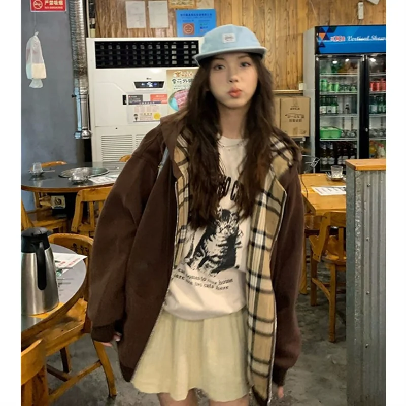 Women Vintage Zip Print Hoodies Harajuku Casual Oversized Splicing Plaid Loose Sweatshirt Medium Length Popular Cardigan Jacket